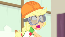 Size: 3410x1920 | Tagged: safe, derpibooru import, screencap, applejack, better together, constructive criticism, equestria girls, abuse, clothes, cutie mark, cutie mark on clothes, female, goggles, helmet, high res, jackabuse, open mouth, solo