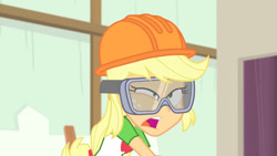 Size: 3410x1920 | Tagged: safe, derpibooru import, screencap, applejack, better together, constructive criticism, equestria girls, abuse, clothes, cutie mark, cutie mark on clothes, faic, female, goggles, helmet, high res, jackabuse, open mouth, solo