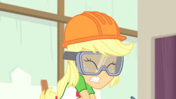 Size: 3410x1920 | Tagged: safe, derpibooru import, screencap, applejack, better together, constructive criticism, equestria girls, abuse, clothes, cutie mark, cutie mark on clothes, eyes closed, female, goggles, hammer, helmet, high res, jackabuse, solo