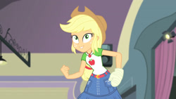 Size: 3410x1920 | Tagged: safe, derpibooru import, screencap, applejack, constructive criticism, equestria girls, equestria girls series, applejack's hat, belt, broken hand, clothes, cowboy hat, cutie mark, cutie mark on clothes, denim skirt, female, geode of super strength, hat, high res, jewelry, magical geodes, necklace, skirt, smiling, solo