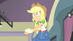 Size: 3410x1920 | Tagged: safe, derpibooru import, screencap, applejack, better together, constructive criticism, equestria girls, applejack's hat, belt, broken hand, clothes, cowboy hat, cutie mark, cutie mark on clothes, denim skirt, female, geode of super strength, hat, high res, jewelry, magical geodes, necklace, skirt, smiling, solo