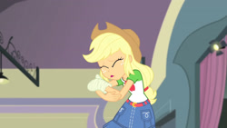 Size: 3410x1920 | Tagged: safe, derpibooru import, screencap, applejack, better together, constructive criticism, equestria girls, applejack's hat, belt, broken hand, clothes, cowboy hat, cutie mark, cutie mark on clothes, denim skirt, eyes closed, female, geode of super strength, hat, high res, jewelry, magical geodes, necklace, open mouth, skirt, solo