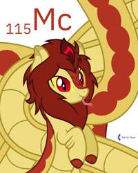Size: 4000x5000 | Tagged: safe, artist:parclytaxel, derpibooru import, oc, oc only, oc:acorn, hybrid, kirin, lamia, original species, series:joycall6's periodic table, .svg available, absurd resolution, chemistry, commission, cute, cute little fangs, fangs, forked tongue, impossibly long tail, long tongue, looking at you, male, moscovium, periodic table, raised hoof, raised leg, simple background, slit eyes, smiling, solo, tongue, tongue out, vector, white background, yellow sclera
