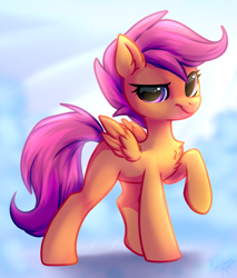 Size: 2303x2707 | Tagged: safe, artist:megabait, derpibooru import, scootaloo, pegasus, pony, blank flank, chest fluff, cloud, female, filly, looking at you, raised hoof, raised leg, simple background, sky, smirk, solo, wings