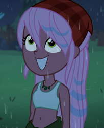 Size: 880x1080 | Tagged: safe, derpibooru import, edit, edited screencap, screencap, raspberry lilac, better together, equestria girls, let it rain, bandana, belly button, clothes, cropped, cute, female, jewelry, midriff, necklace, outdoors, rain, sleeveless, smiling, solo, sports bra, tanktop, wet, wet hair