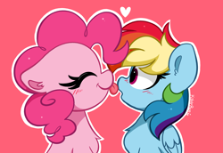 Size: 4552x3132 | Tagged: safe, artist:kittyrosie, derpibooru import, pinkie pie, rainbow dash, earth pony, pegasus, pony, blushing, chest fluff, cute, ear fluff, ears, eyes closed, female, lesbian, licking, nose licking, open mouth, pink background, pinkiedash, shipping, simple background, tongue, tongue out