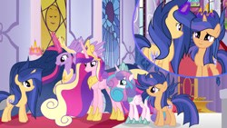 Size: 1024x577 | Tagged: safe, artist:velveagicsentryyt, derpibooru import, princess cadance, princess flurry heart, princess twilight 2.0, twilight sparkle, twilight sparkle (alicorn), oc, oc:galaxy swirls, oc:velvet sentry, alicorn, pony, unicorn, the last problem, female, mare, offspring, older, older flurry heart, older twilight, parent:flash sentry, parent:twilight sparkle, parents:flashlight, ultimate cadance