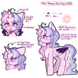 Size: 1280x1280 | Tagged: safe, artist:moon-rose-rosie, derpibooru import, oc, oc only, oc:celestial moon, alicorn, pony, alicorn oc, female, horn, mare, pansexual pride flag, pride, pride flag, reference, reference sheet, solo, two toned wings, wings