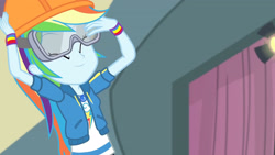 Size: 3410x1920 | Tagged: safe, derpibooru import, screencap, rainbow dash, constructive criticism, constructive criticism: rainbow dash, equestria girls, equestria girls series, clothes, cutie mark, cutie mark on clothes, eyes closed, female, geode of super speed, goggles, helmet, high res, hoodie, jewelry, magical geodes, necklace, smiling, solo