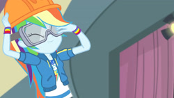 Size: 3410x1920 | Tagged: safe, derpibooru import, screencap, rainbow dash, better together, constructive criticism, constructive criticism: rainbow dash, equestria girls, clothes, cutie mark, cutie mark on clothes, eyes closed, female, geode of super speed, goggles, helmet, high res, hoodie, jewelry, magical geodes, necklace, smiling, solo