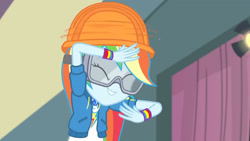 Size: 3410x1920 | Tagged: safe, derpibooru import, screencap, rainbow dash, better together, constructive criticism, constructive criticism: rainbow dash, equestria girls, clothes, cutie mark, cutie mark on clothes, eyes closed, female, geode of super speed, goggles, helmet, high res, hoodie, jewelry, magical geodes, necklace, smiling, solo