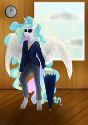 Size: 1527x2160 | Tagged: safe, artist:jennifer696jones, derpibooru import, princess celestia, alicorn, anthro, clothes, cloud, female, kingsman: the secret service, sky, umbrella, wings