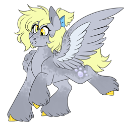 Size: 3000x3000 | Tagged: safe, artist:gingygin, derpibooru import, derpy hooves, pegasus, pony, alternate design, bow, coat markings, female, hair bow, mare, one wing out, simple background, solo, unshorn fetlocks, white background, wings