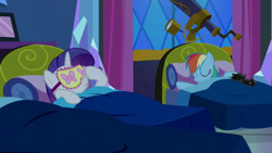 Size: 1192x670 | Tagged: safe, artist:14oliverhedgehog, artist:barrelslover, derpibooru import, edit, edited screencap, screencap, rainbow dash, rarity, pegasus, pony, unicorn, do princesses dream of magic sheep, bed, female, mare, remake, sleep mask, symbiote, venom