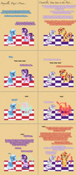 Size: 964x2207 | Tagged: safe, artist:verve, derpibooru import, starlight glimmer, sunset shimmer, trixie, twilight velvet, pony, unicorn, student counsel, ask genie twilight, comic, female, magic, mare, picnic blanket, pixel art, scene interpretation, sitting, teleportation