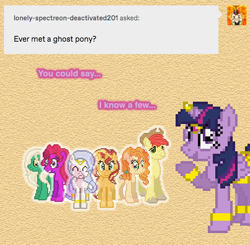 Size: 504x494 | Tagged: safe, artist:verve, derpibooru import, bright mac, pear butter, sunset shimmer, twilight sparkle, twilight sparkle (alicorn), oc, oc:jinn, alicorn, earth pony, ghost, ghost pony, pony, undead, unicorn, ask, ask genie twilight, eyes closed, female, genie, geniefied, granny pie, jade pearl, male, mare, pear butter's ghost, pixel art, smiling, stallion