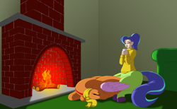 Size: 3250x2000 | Tagged: safe, artist:runningtoaster, derpibooru import, oc, oc only, oc:chafine, centaur, hybrid, original species, female, fireplace, humalos, indoors, sleeping