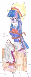 Size: 1035x2534 | Tagged: safe, artist:godzilla713, derpibooru import, twilight sparkle, twilight sparkle (alicorn), alicorn, equestria girls, bondage, bound and gagged, cloth gag, clothes, dutch, dutch cap, gag, hat, long skirt, rope, rope bondage, sitting, skirt, solo, tied up