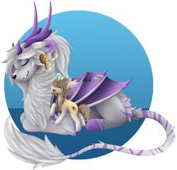 Size: 1086x1042 | Tagged: safe, artist:the-dreepy-mom, derpibooru import, oc, oc only, oc:aiko, oc:ivory dream, pony, unicorn, bat wings, female, horns, magic, mare, size difference, wings