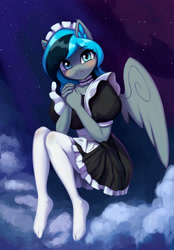 Size: 3500x5032 | Tagged: safe, artist:mrscroup, derpibooru import, oc, oc only, oc:luny, anthro, pegasus, plantigrade anthro, anthro oc, blushing, choker, clothes, dress, ear fluff, ears, female, looking at you, maid, maid headdress, mare, smiling, smiling at you, socks, solo, stocking feet, stockings, thigh highs, white socks, wings