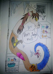 Size: 752x1040 | Tagged: safe, artist:diamond06mlp, derpibooru import, oc, oc only, big cat, draconequus, tiger, atg 2018, bow, draconequus oc, female, grumpy, newbie artist training grounds, solo, talking, traditional art