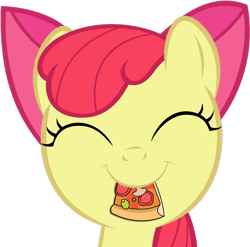 Size: 846x835 | Tagged: safe, artist:midnight-star234, derpibooru import, apple bloom, earth pony, pony, ^^, adorabloom, apple bloom's bow, bow, bust, cute, eyes closed, female, filly, food, hair bow, pizza, simple background, smiling, solo, tomato, transparent background