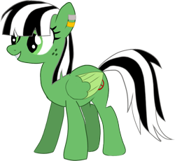 Size: 831x766 | Tagged: safe, artist:vilkathewolf, derpibooru import, oc, oc only, oc:viridescent wings, pegasus, pony, ear piercing, earring, folded wings, freckles, green eyes, jewelry, looking sideways, pegasus oc, piercing, simple background, smiling, solo, standing, transparent background, wings