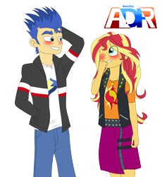 Size: 3000x3264 | Tagged: safe, artist:andykurosaki98, derpibooru import, flash sentry, sunset shimmer, equestria girls, arm behind head, blushing, female, flashimmer, grin, looking at each other, male, one eye closed, shipping, simple background, smiling, straight, transparent background