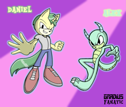 Size: 1345x1145 | Tagged: safe, artist:gradiusfanatic, derpibooru import, oc, oc only, oc:alex, oc:daniel, anthro, dragon, pony, unicorn, cringing, male, sonic style, sonic the hedgehog (series), sonicified