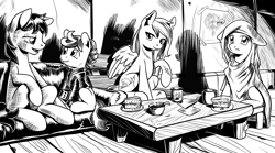 Size: 4256x2364 | Tagged: safe, artist:lexx2dot0, derpibooru import, oc, oc only, oc:dawn, oc:morning glory (project horizons), oc:p-21, oc:scotch tape, earth pony, pegasus, pony, fallout equestria, fallout equestria: project horizons, black and white, clothes, dashite, fanfic art, grayscale, high res, horn, monochrome, scar