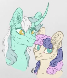 Size: 893x1042 | Tagged: safe, artist:skior, derpibooru import, bon bon, lyra heartstrings, sweetie drops, pony, bust, curved horn, female, gray background, horn, lesbian, lyrabon, portrait, shipping, simple background, solo