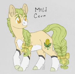 Size: 1080x1067 | Tagged: safe, artist:skior, derpibooru import, oc, oc:mild corn, earth pony, pony, female, gray background, mare, simple background, solo