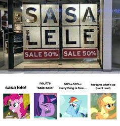 Size: 1125x1186 | Tagged: safe, derpibooru import, edit, edited screencap, screencap, applejack, pinkie pie, rainbow dash, twilight sparkle, twilight sparkle (alicorn), alicorn, earth pony, pegasus, pony, a trivial pursuit, g4, yakity-sax, 50, applejack's hat, clothes, cowboy hat, don't dead open inside, facehoof, hat, illiterate, meme, sale, sasa lele, you had one job