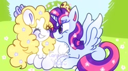 Size: 1556x866 | Tagged: safe, alternate version, artist:computershit, derpibooru import, sparkler (g1), surprise, alicorn, pegasus, pony, g1, alicornified, eyes closed, female, flower, flower in hair, g1 to g4, garden, generation leap, happy, jewelry, lesbian, meadow, missing cutie mark, race swap, simple background, tiara