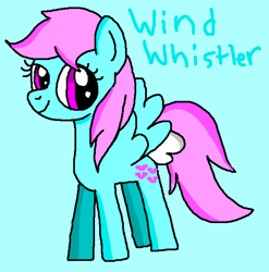 Size: 610x617 | Tagged: safe, artist:brobbol, derpibooru import, wind whistler, pegasus, pony, g1, g4, 1000 hours in ms paint, bow, cute, cyan background, female, g1 to g4, generation leap, looking at you, mare, ms paint, signature, simple background, smiling, smiling at you, solo, spread wings, tail bow, wings