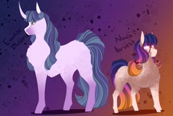 Size: 3000x2000 | Tagged: safe, artist:inisealga, derpibooru import, oc, oc only, oc:eventide illusion, oc:nova harvest, earth pony, pony, unicorn, blaze (coat marking), coat markings, curved horn, facial markings, horn, magical lesbian spawn, next generation, offspring, parent:applejack, parent:rarity, parent:twilight sparkle, simple background, socks (coat marking)