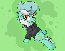 Size: 3746x2935 | Tagged: safe, artist:background basset, derpibooru import, lyra heartstrings, pony, unicorn, abstract background, clothes, dig the swell hoodie, female, happy, hoodie, lying down, mare, on back, orange eyes, smiling, solo