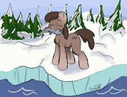 Size: 1390x1069 | Tagged: safe, artist:agent-diego, artist:anonymous, derpibooru import, oc, oc only, fish, pony, female, forest, ice, mare, pinecone, snow, snow mare, snowpony (species), taiga pony, tree, water, yakutian horse