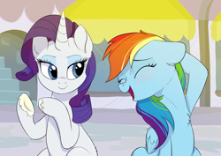 Size: 2048x1450 | Tagged: source needed, safe, artist:roundabout, derpibooru import, rainbow dash, rarity, pegasus, pony, unicorn, rarity investigates, cute, duo, duo female, female, imminent boop, mare, scene interpretation, smiling, sunscreen