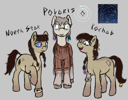Size: 818x639 | Tagged: safe, artist:barhandar, derpibooru import, oc, oc only, oc:kochab, oc:north star, oc:polaris, pony, bell, blaze (coat marking), bracelet, braid, chest fluff, clothes, coat markings, father and child, father and daughter, female, fluffy, gray background, jewelry, looking at you, male, mare, pale belly, parent and child, raised hoof, raised leg, shaman, siblings, simple background, smiling, snow mare, snowpony (species), socks (coat marking), taiga pony, twins, unshorn fetlocks, yakutian horse