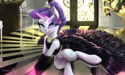 Size: 2500x1500 | Tagged: safe, artist:darksly, derpibooru import, rarity, pony, unicorn, beautiful, black dress, chair, clothes, cutie mark, door, dress, ear fluff, ears, female, horn, indoors, jewelry, lidded eyes, long dress, looking at you, mare, necklace, smiling, smiling at you, solo, tiara