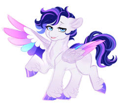Size: 1024x866 | Tagged: safe, artist:azure-art-wave, derpibooru import, oc, oc:indigo luster, pegasus, pony, colored wings, magical lesbian spawn, male, multicolored wings, offspring, parent:rainbow dash, parent:rarity, parents:raridash, simple background, solo, stallion, white background, wings