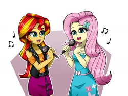 Size: 2000x1500 | Tagged: safe, artist:nekojackun, derpibooru import, fluttershy, sunset shimmer, equestria girls, microphone, music notes, simple background, singing, white background