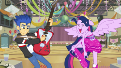 Size: 1023x575 | Tagged: safe, artist:bbbhuey, artist:cloudyglow, artist:epiccartoonsfan, derpibooru import, flash sentry, twilight sparkle, twilight sparkle (alicorn), alicorn, equestria girls, equestria girls (movie), balloon, boots, canterlot high, clothes, crown, dancing, devil horn (gesture), do the sparkle, dress, duo, ears, eyes closed, floppy ears, grin, guitar, gymnasium, jewelry, musical instrument, open mouth, open smile, playing instrument, ponied up, regalia, shoes, show accurate, smiling, spread wings, streamers, vector, wings