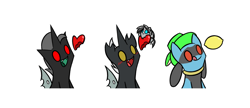 Size: 970x418 | Tagged: safe, artist:srmario, derpibooru import, oc, oc:doctiry, oc:platan, oc:reinflak, changeling, bust, changeling oc, food, heart, lemon, licking, licking lips, male, platiry, pokémon, riolu, simple background, smiling, tongue, tongue out, white background