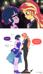 Size: 1096x1856 | Tagged: safe, artist:lzjian79, derpibooru import, edit, edited screencap, screencap, sci-twi, sunset shimmer, twilight sparkle, equestria girls, legend of everfree, clothes, elegant, female, laughing, lesbian, scitwishimmer, shipping, snickering, speech bubble, suit, sunsetsparkle, tall, tuxedo