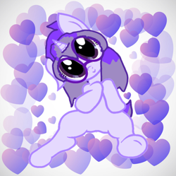 Size: 1574x1570 | Tagged: safe, artist:mellow91, artist:pyruvate, derpibooru import, oc, oc only, oc:glass sight, pony, unicorn, cute, female, frame, glasses, head tilt, heart, heart background, hooves together, horn, looking at you, mare, ocbetes, one ear down, sitting, smiling, smiling at you, spread legs, spreading, sweet, unicorn oc