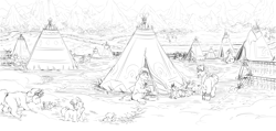 Size: 3708x1764 | Tagged: safe, artist:anonymous, dog, fish, pony, /mlp/, black and white, chest fluff, chin fluff, colt, drying rack, ear fluff, ears, excessive fluff, female, filly, fluffy, forest, male, snowpony (species), stallion, taiga pony, tent, unshorn fetlocks, yakutian horse