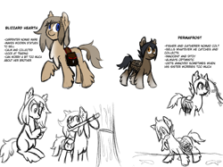 Size: 2002x1500 | Tagged: safe, artist:machacapigeon, oc, oc only, oc:blizzard hearth, oc:permafrost, fish, pony, /mlp/, axe, bag, berries, brother and sister, chest fluff, colt, ear fluff, ears, female, fishing, fluffy, foal, fruit, hock fluff, looking at you, male, mare, partial color, siblings, simple background, snowpony (species), taiga pony, text, white background, wood, yakutian horse