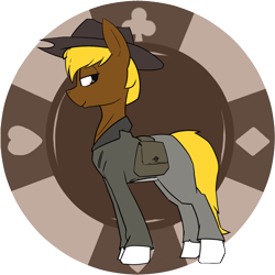 Size: 1500x1500 | Tagged: safe, artist:triplesevens, oc, oc only, oc:acres, earth pony, pony, blonde, blonde mane, blonde tail, brown coat, clothes, club, coat markings, cowboy hat, diamond, earth pony oc, heart, male, poker chips, saddle bag, simple background, smiling, solo, spade, stallion, transparent background